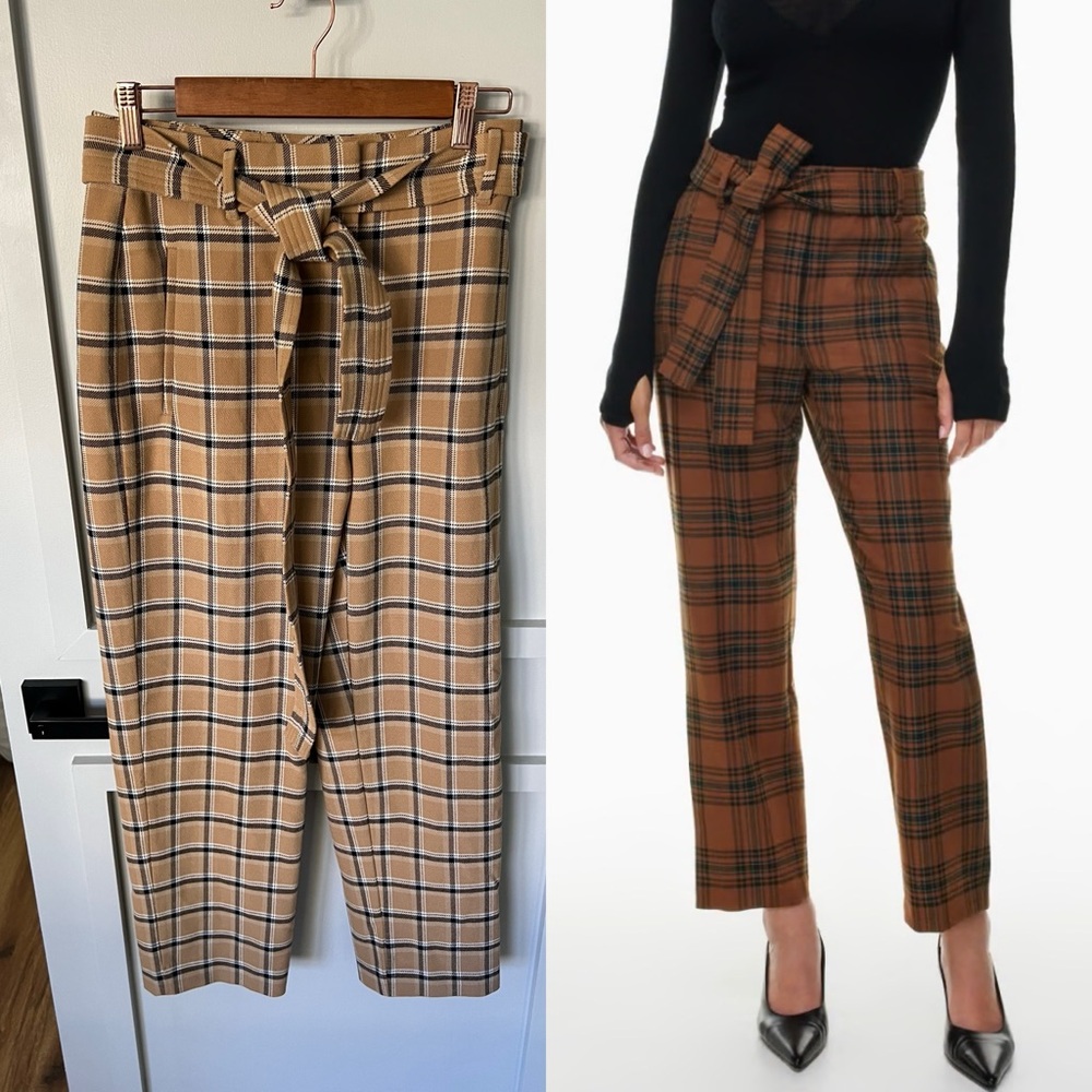 WILFRED  Aritzia Tie Front Trousers tan / black plaid neutral wool blend size 6